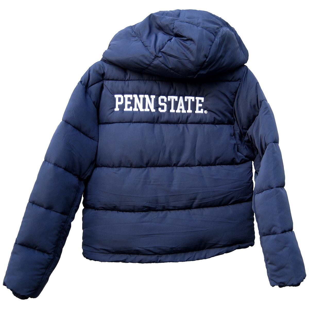 back view of women's navy puffer jacket with embroidered Penn State